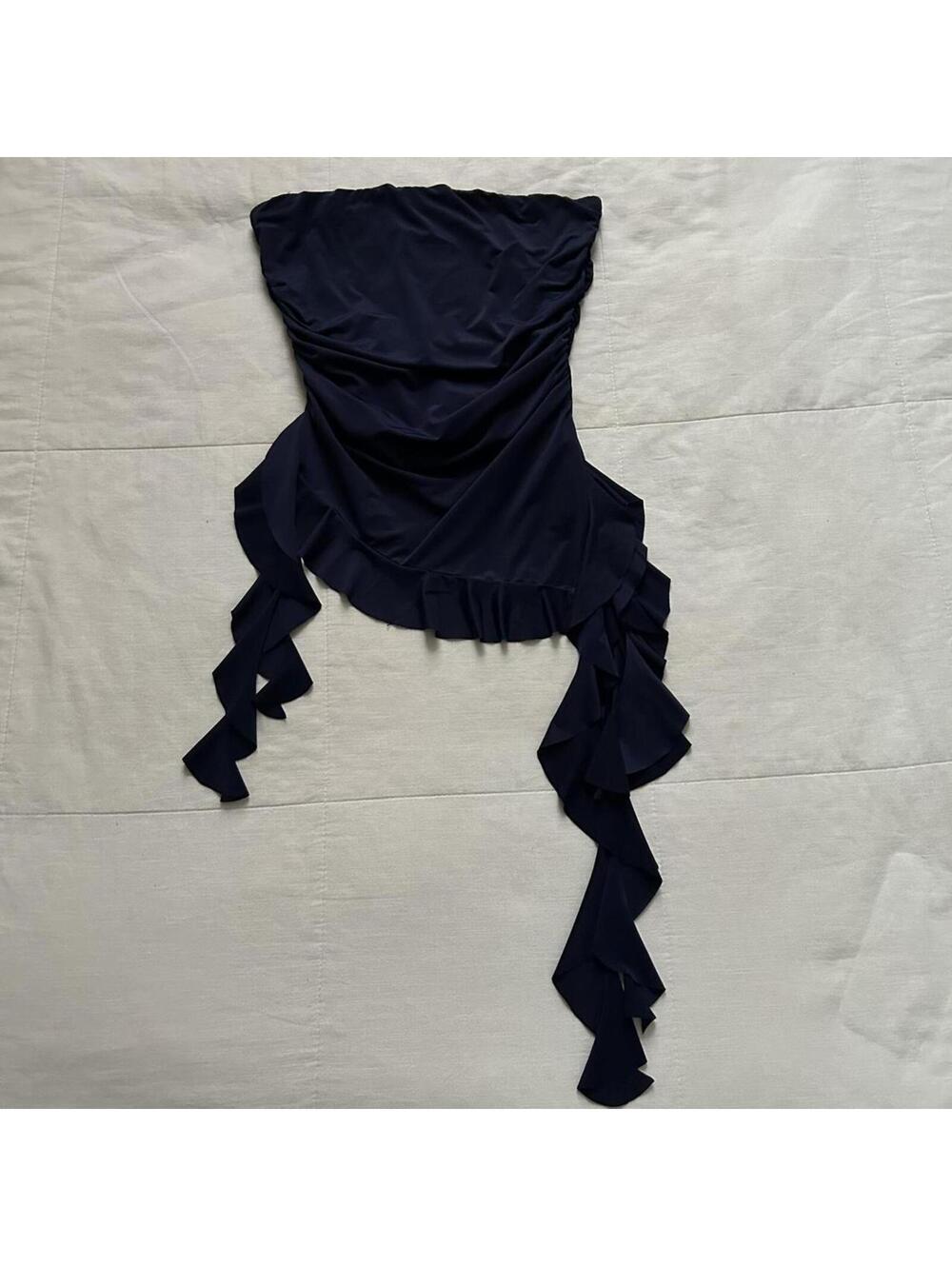 Navy blue strapless ruffle top with asymmetrical hem Size Small